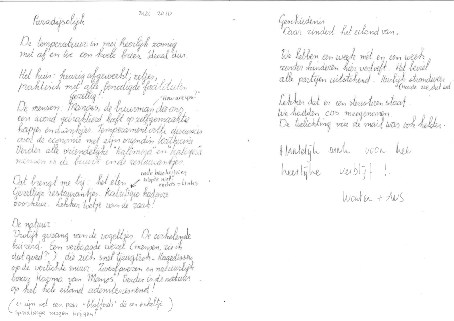 Handgeschreven gastenbrief uit mei 2010 van Wouter en Ans